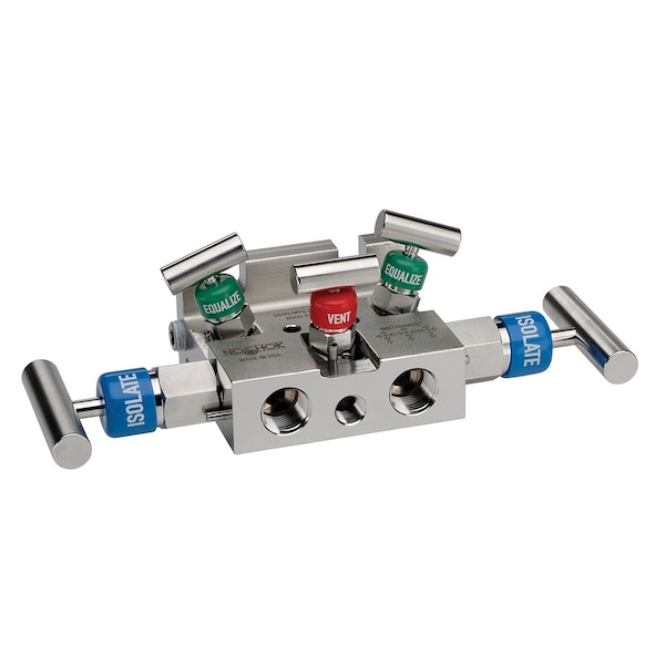 5 Valve Manifold, Soft Seat, Flange x 1/2 NPT Female, Steel, Flare Pattern, 0.187" Orifice